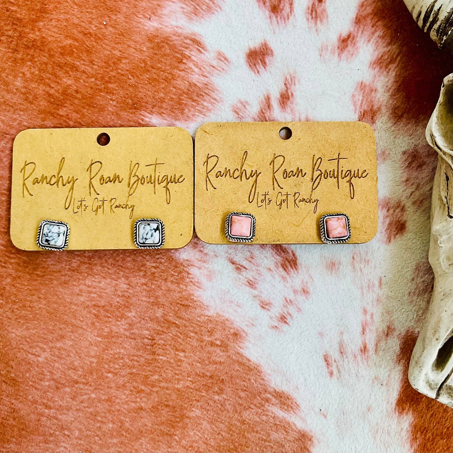 Square Stone Stud Earrings – Howlite + Peach Turquoise Western Studs