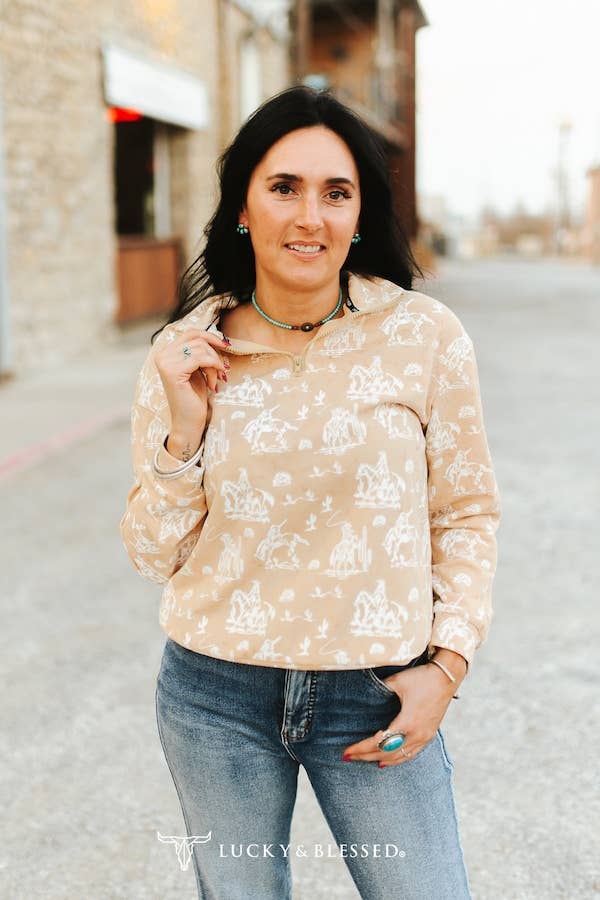 Beige Cream Western Quarter Zip Long Sleeve Pullover