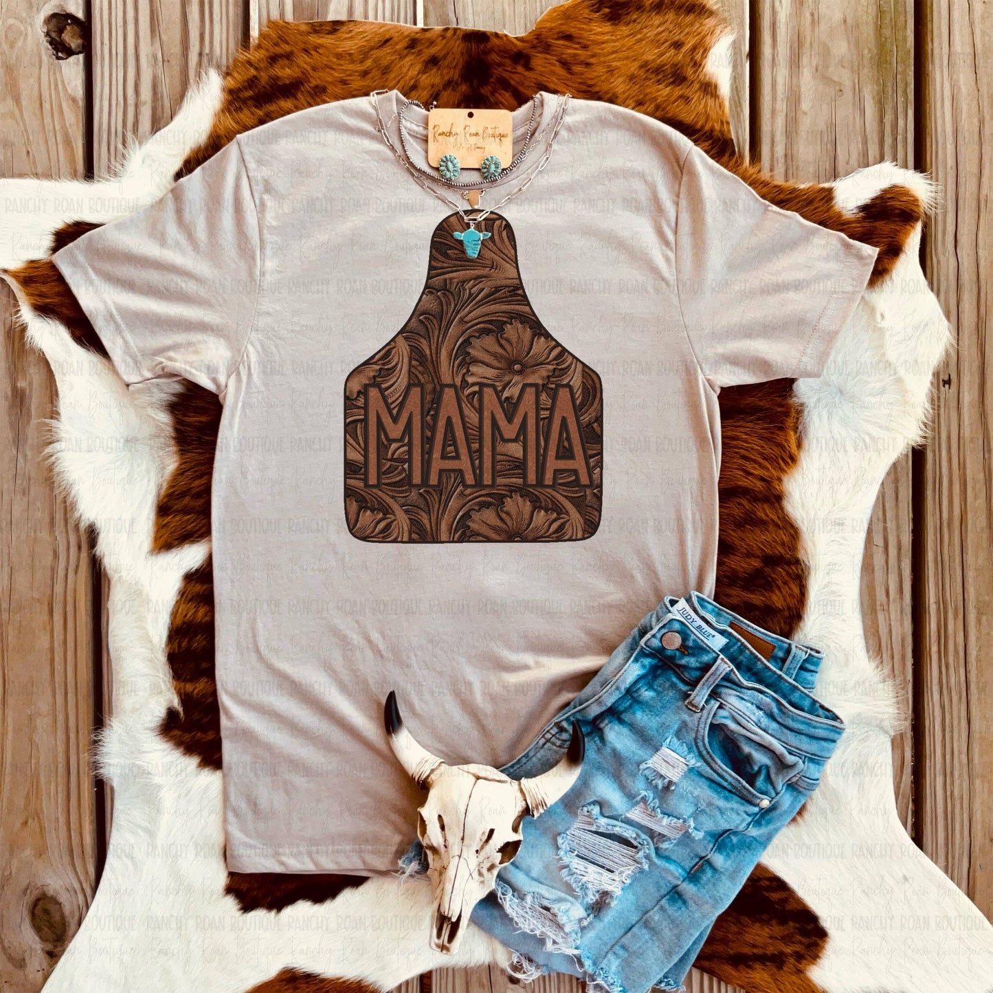Tooled Leather Mama Ear Tag Tee