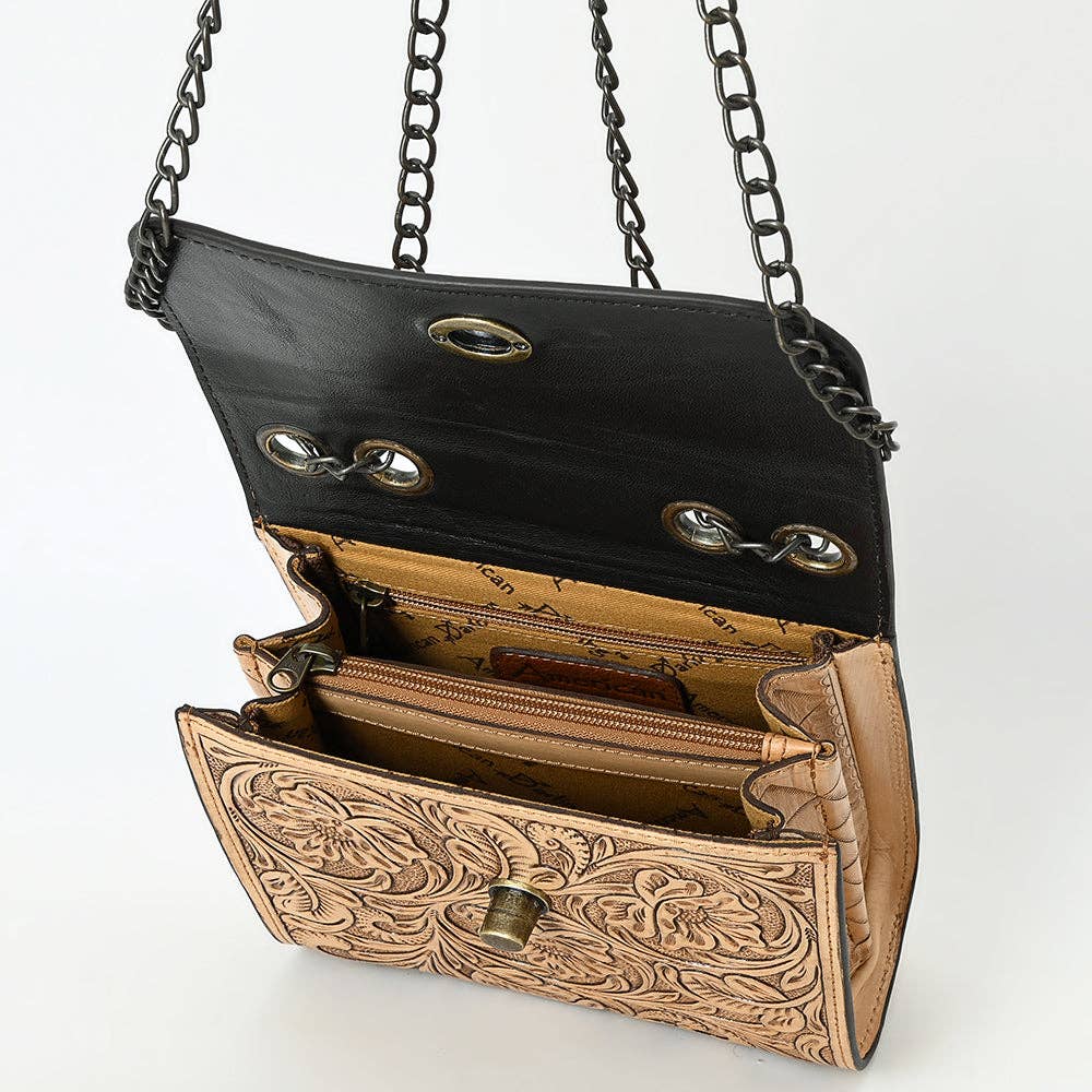 American Darling Hand-Tooled Leather Small Cross Body Bag with Floral Carving & Western Detailing ADBG1630