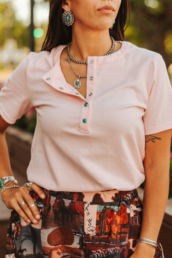 Soft Pink Sleeve Turquoise Snap T-Shirt