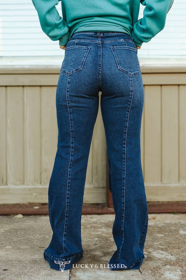 Dark Wash High Rise Front Crease Flare Jeans