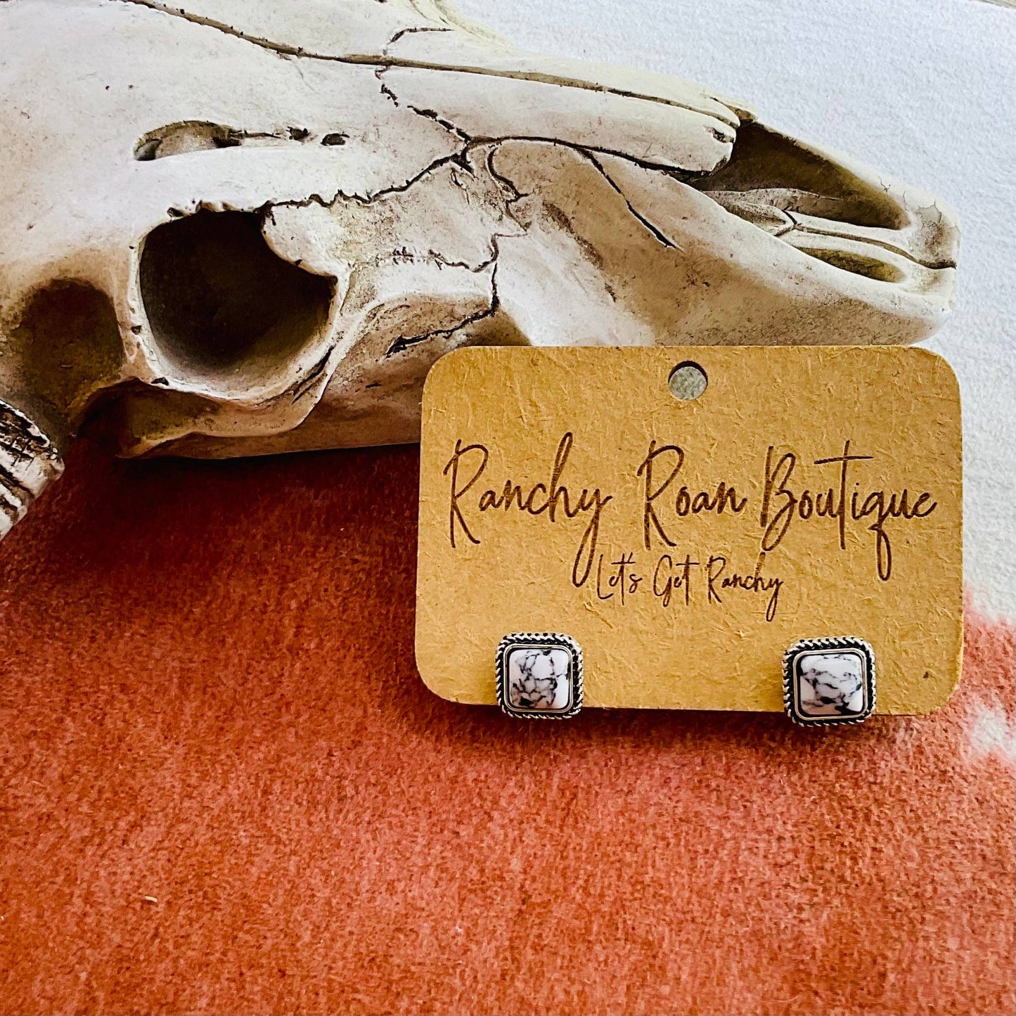 Square Stone Stud Earrings – Howlite + Peach Turquoise Western Studs