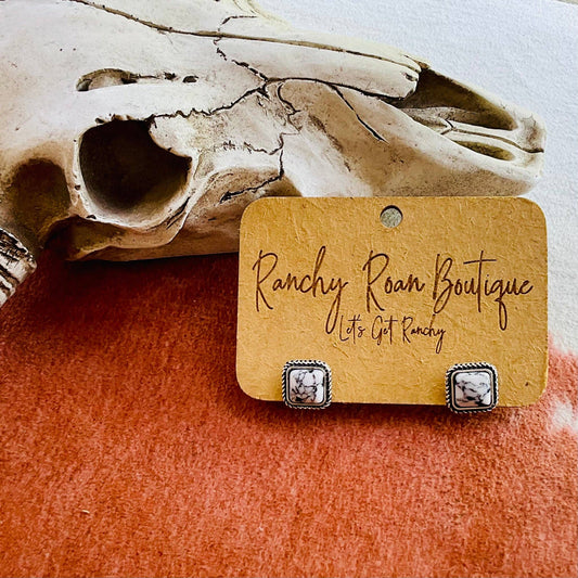 Square Stone Stud Earrings – Howlite + Peach Turquoise Western Studs