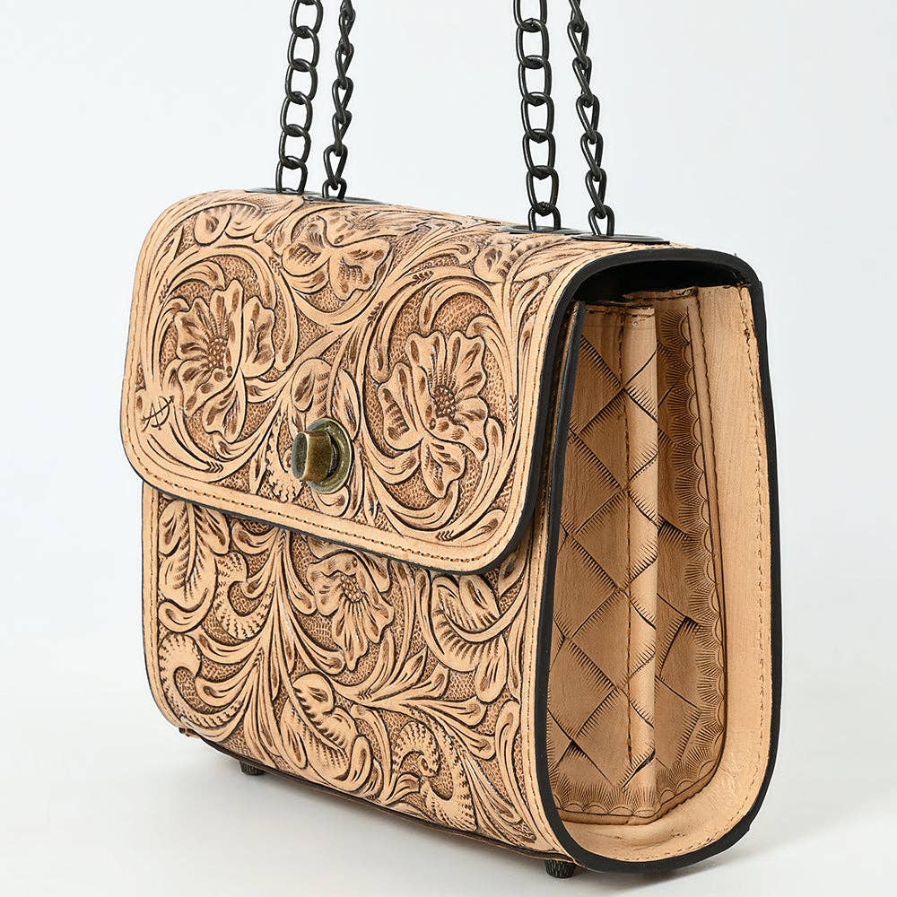 American Darling Hand-Tooled Leather Small Cross Body Bag with Floral Carving & Western Detailing ADBG1630