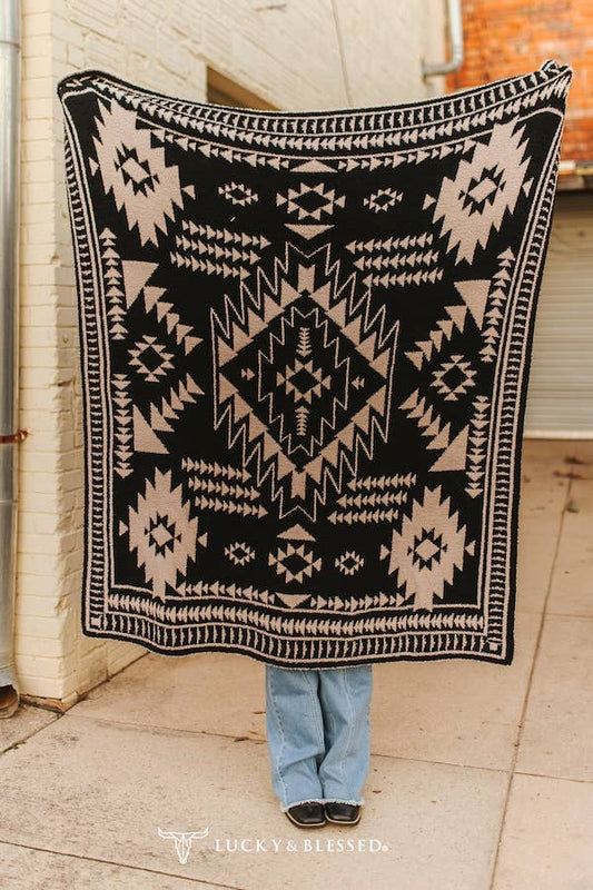 Cream Black Aztec Knitted Polyester Microfiber Blanket