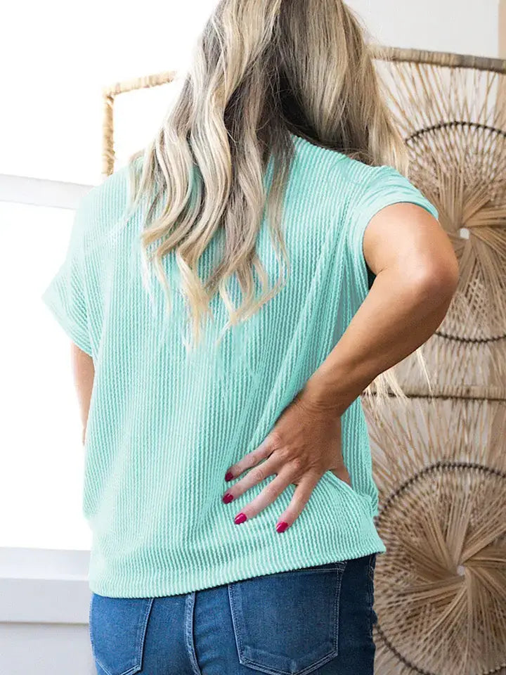 Corded Knit Color Block Pocketed Crew Neck T Shirt