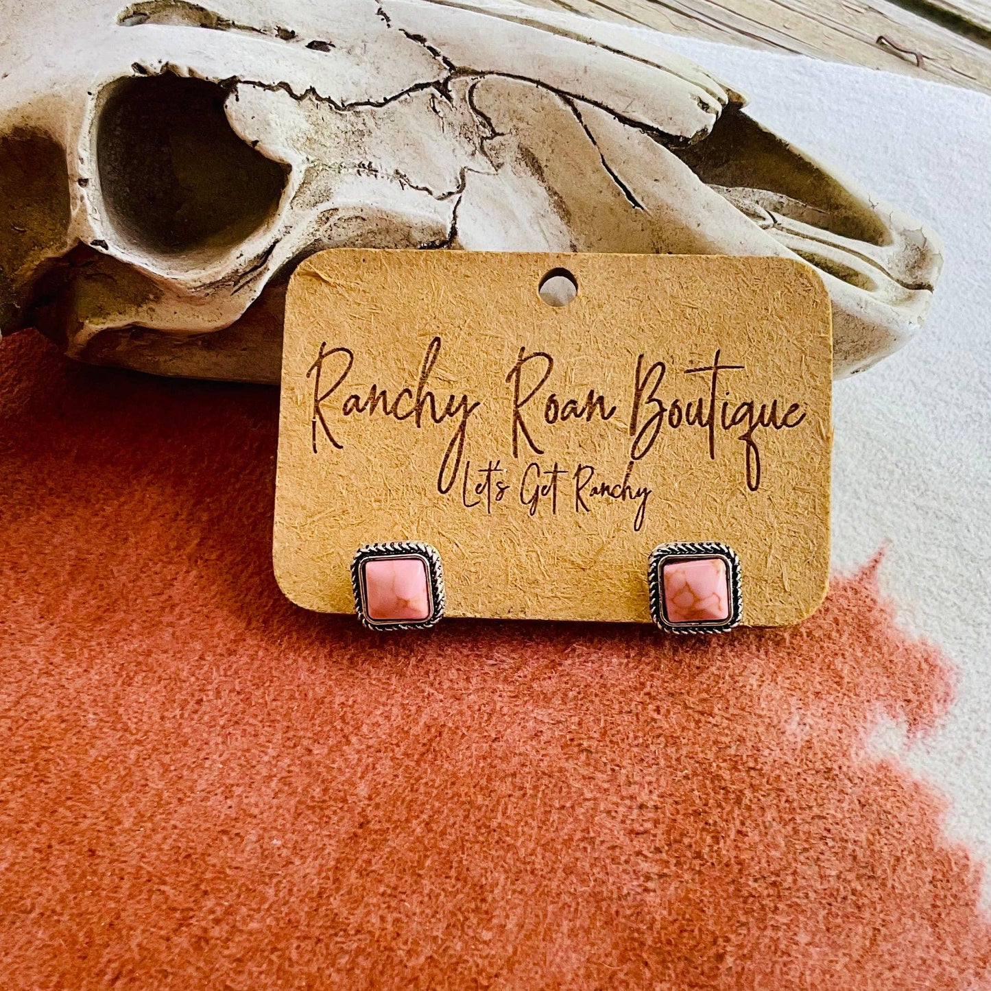 Square Stone Stud Earrings – Howlite + Peach Turquoise Western Studs