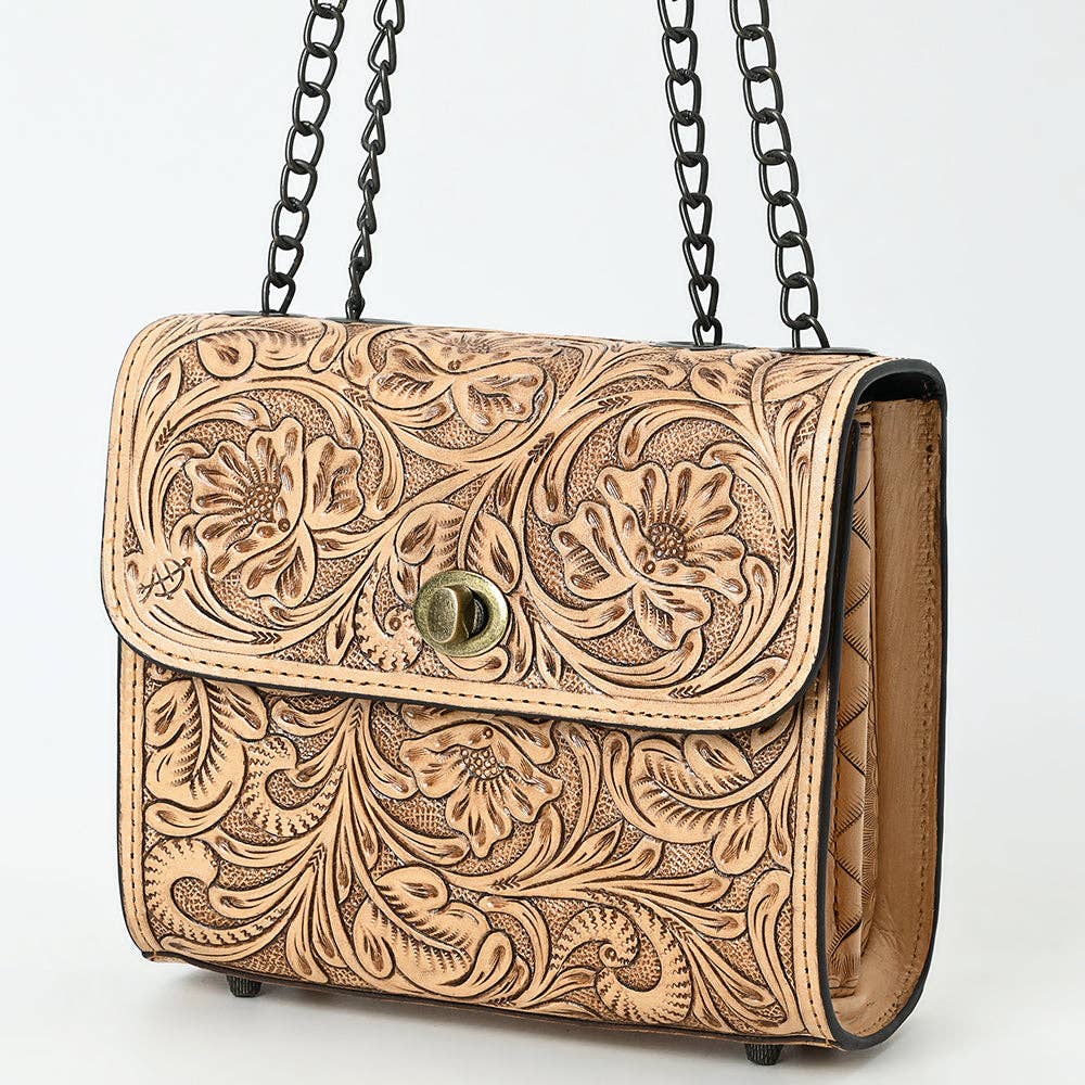 American Darling Hand-Tooled Leather Small Cross Body Bag with Floral Carving & Western Detailing ADBG1630
