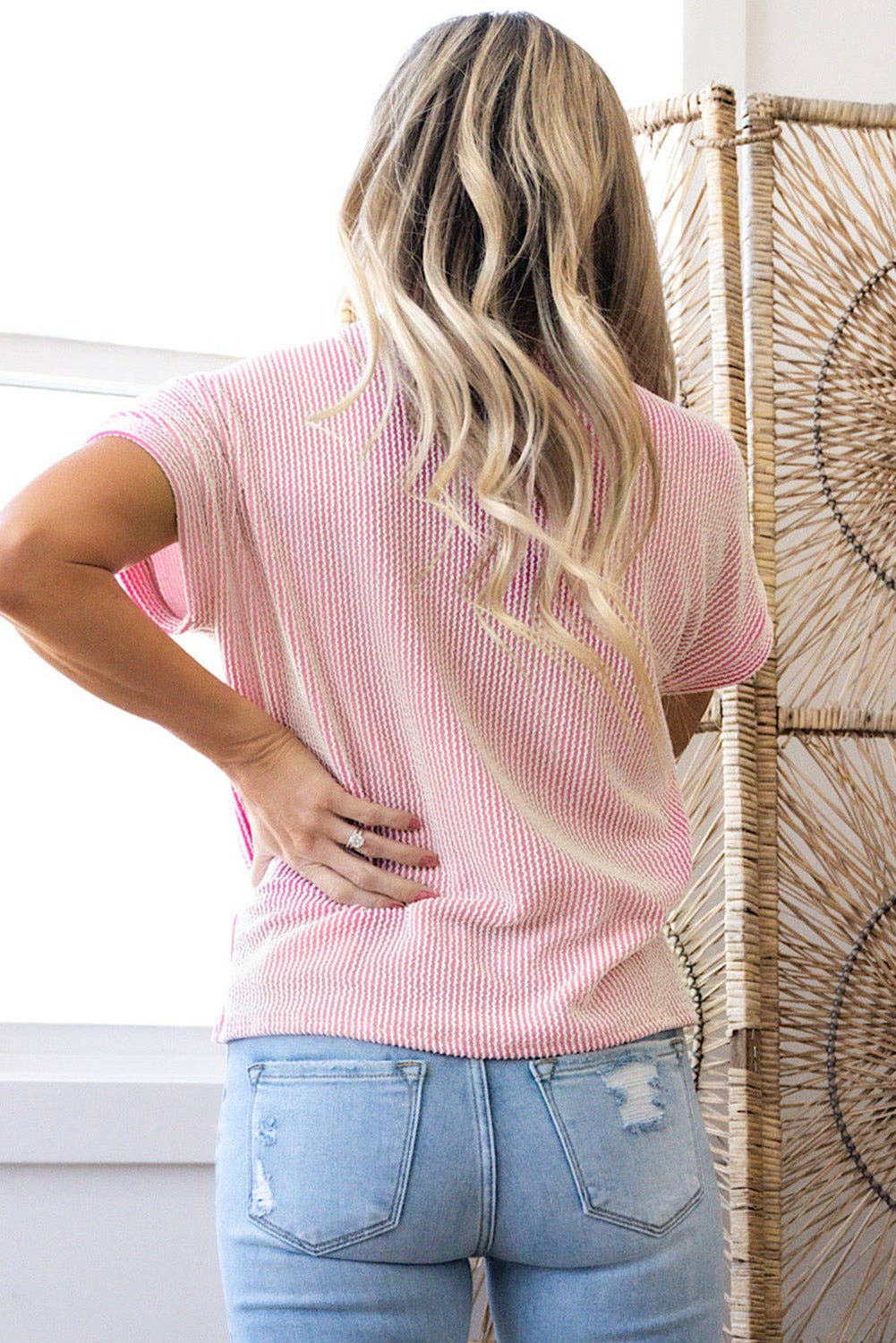 Corded Knit Color Block Pocketed Crew Neck T Shirt