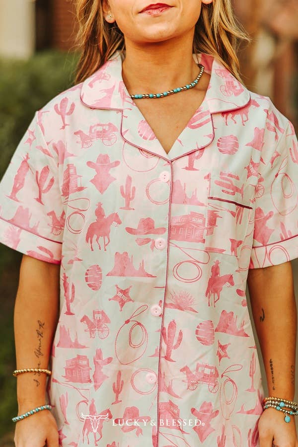Cream Pink Western Printed Button Down Shorts Set