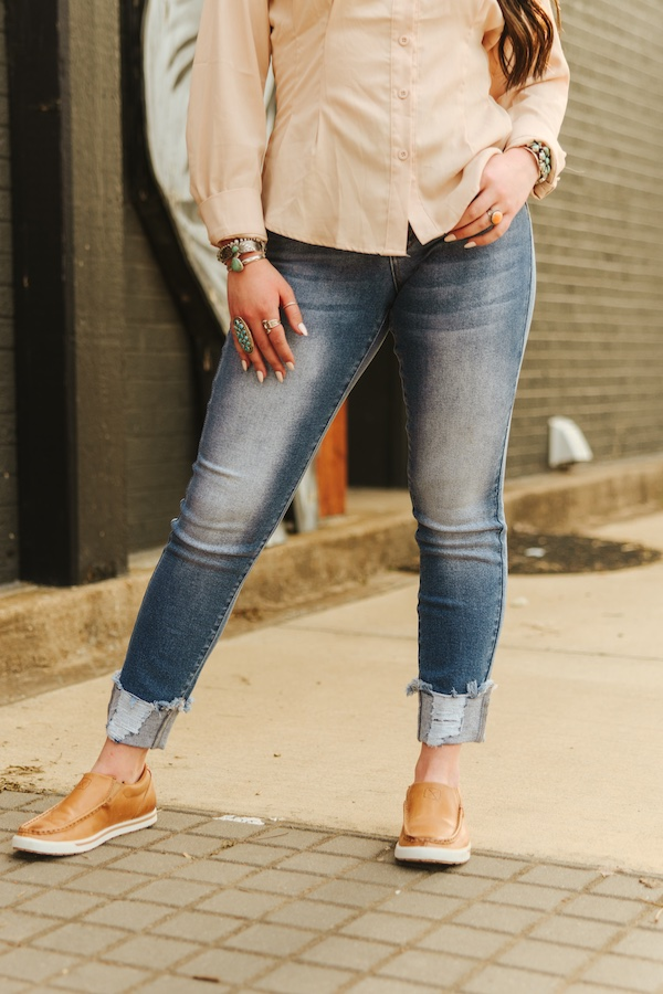 Mid Wash Mid Rise Distressed Cuffed Hem Skinny Jeans