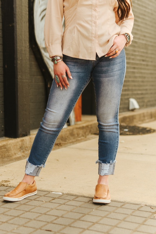 Mid Wash Mid Rise Distressed Cuffed Hem Skinny Jeans