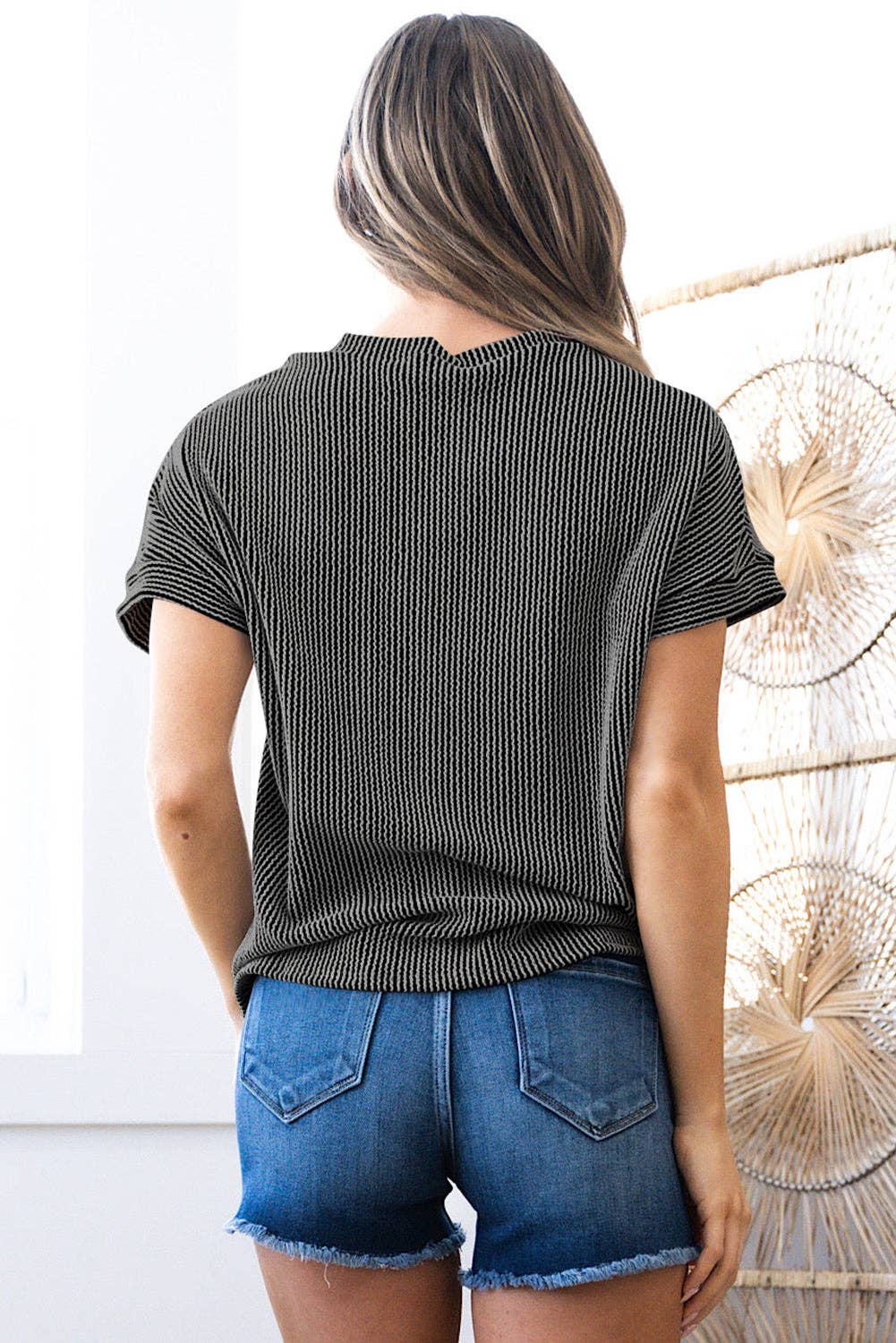 Corded Knit Color Block Pocketed Crew Neck T Shirt