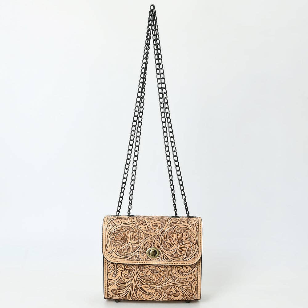 American Darling Hand-Tooled Leather Small Cross Body Bag with Floral Carving & Western Detailing ADBG1630