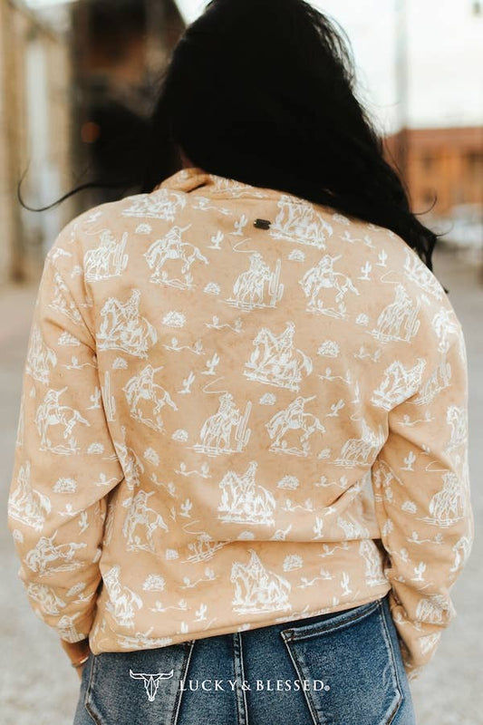 Beige Cream Western Quarter Zip Long Sleeve Pullover