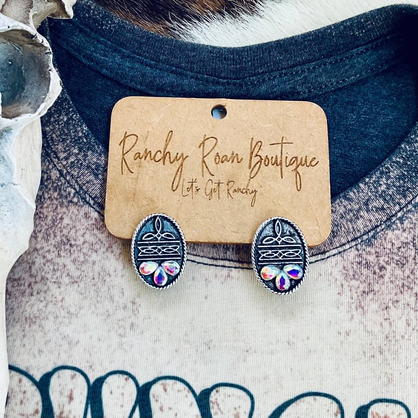 Western Boot Stitch Stone Stud Earrings