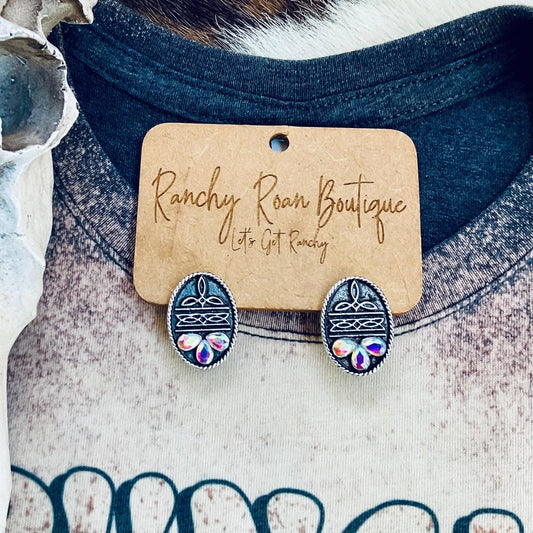 Western Boot Stitch Stone Stud Earrings