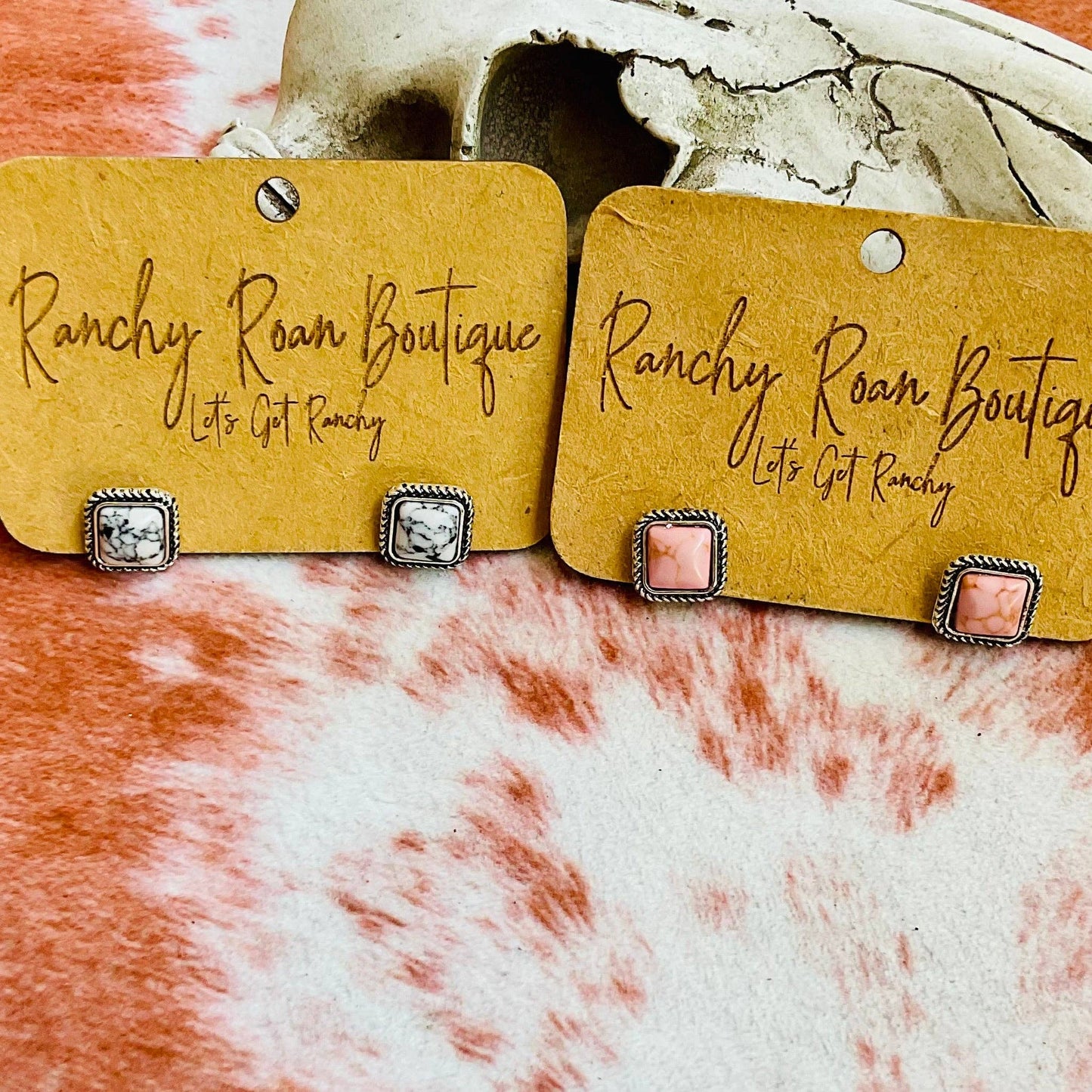 Square Stone Stud Earrings – Howlite + Peach Turquoise Western Studs