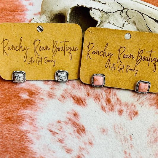 Square Stone Stud Earrings – Howlite + Peach Turquoise Western Studs